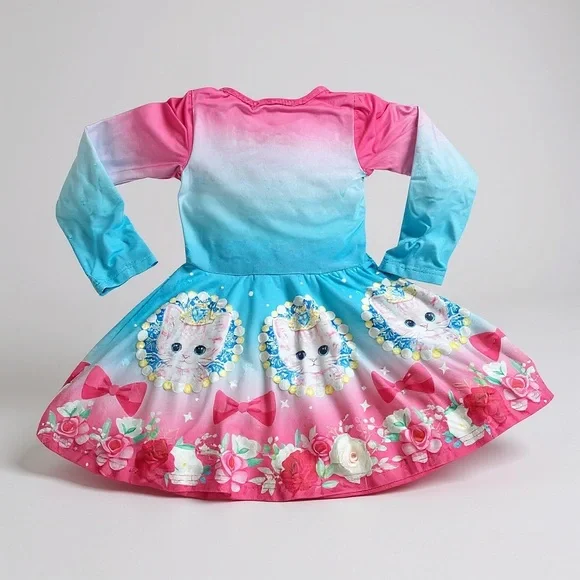 Charming Pink and Blue Cat Print Kids Dress - Picture 2 of 2